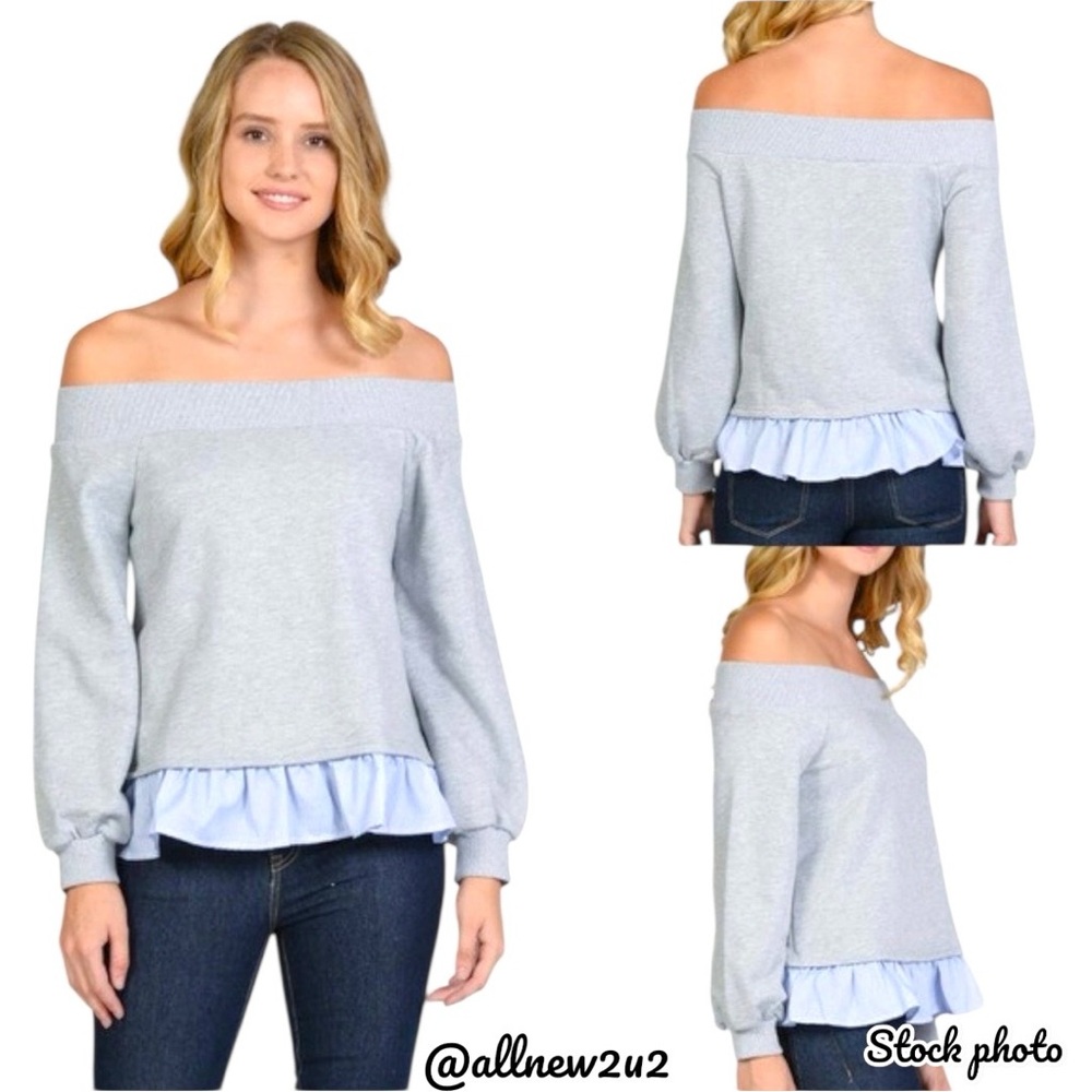 After Market Off Shoulder Sweatshirt Peplum Ruffle Hem Small